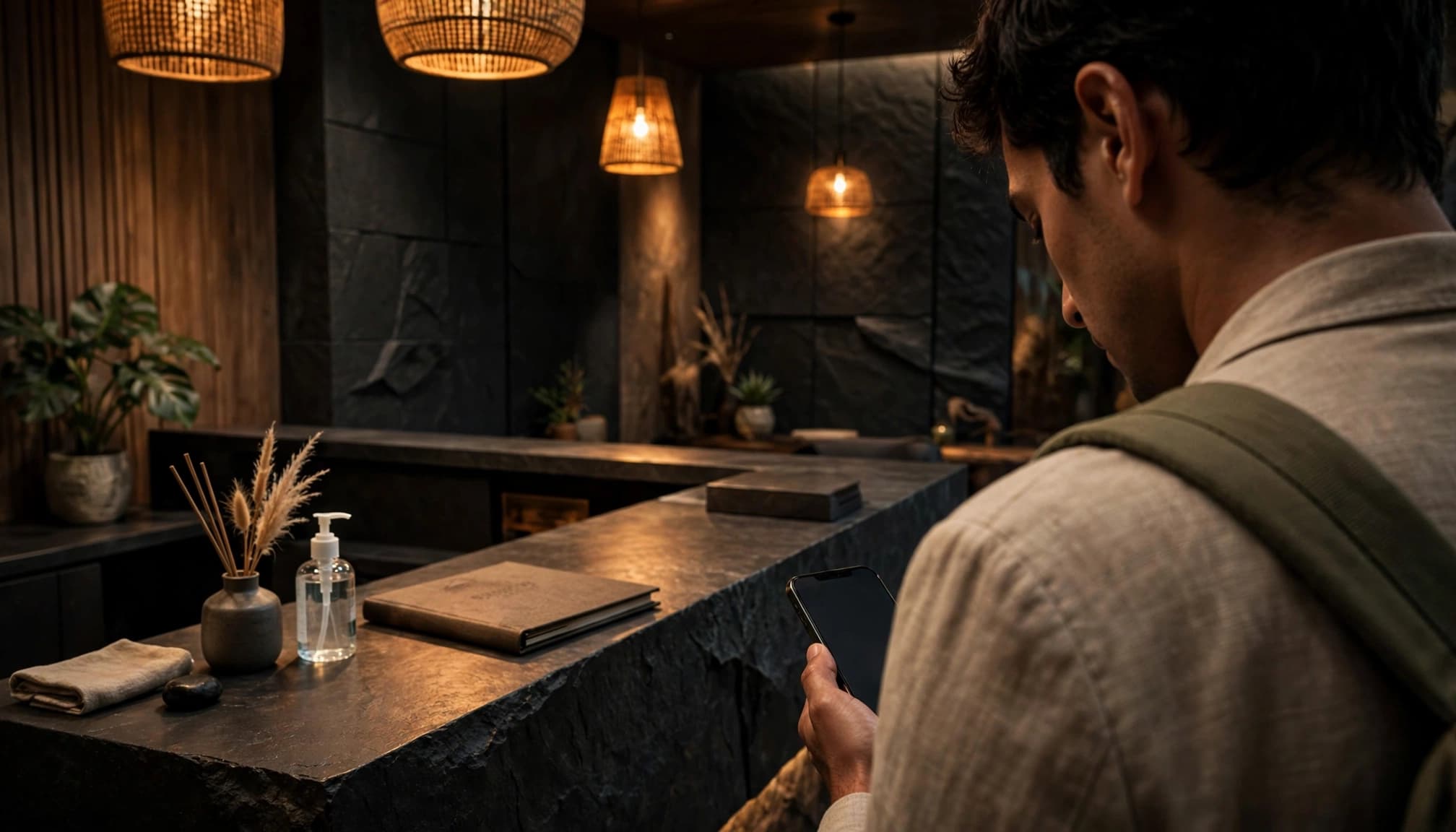 Traveler checks a phone beside a warmly lit spa reception desk.