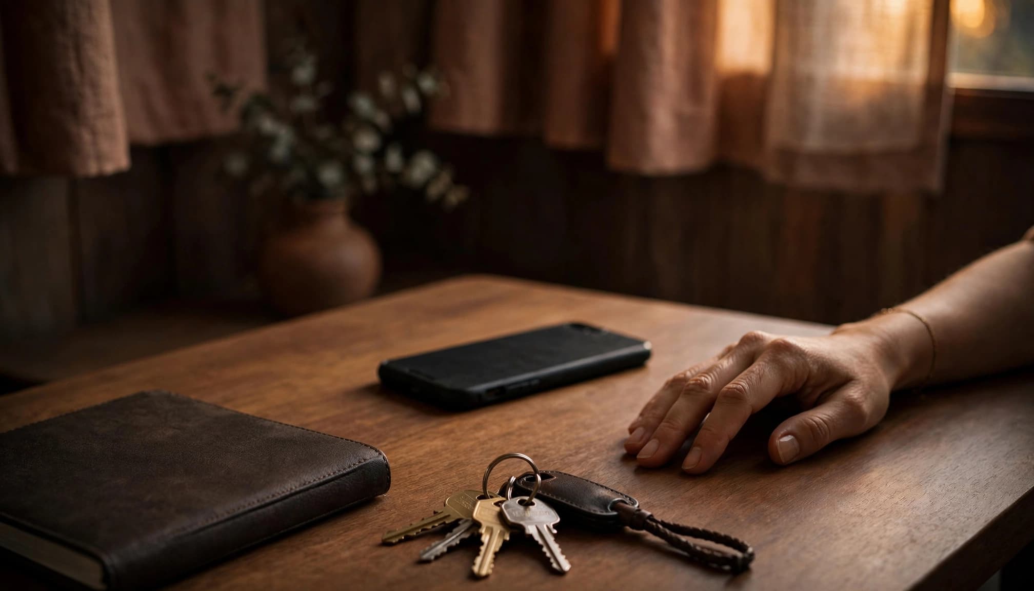A phone, closed notebook, and house keys on a warmly lit hotel table.