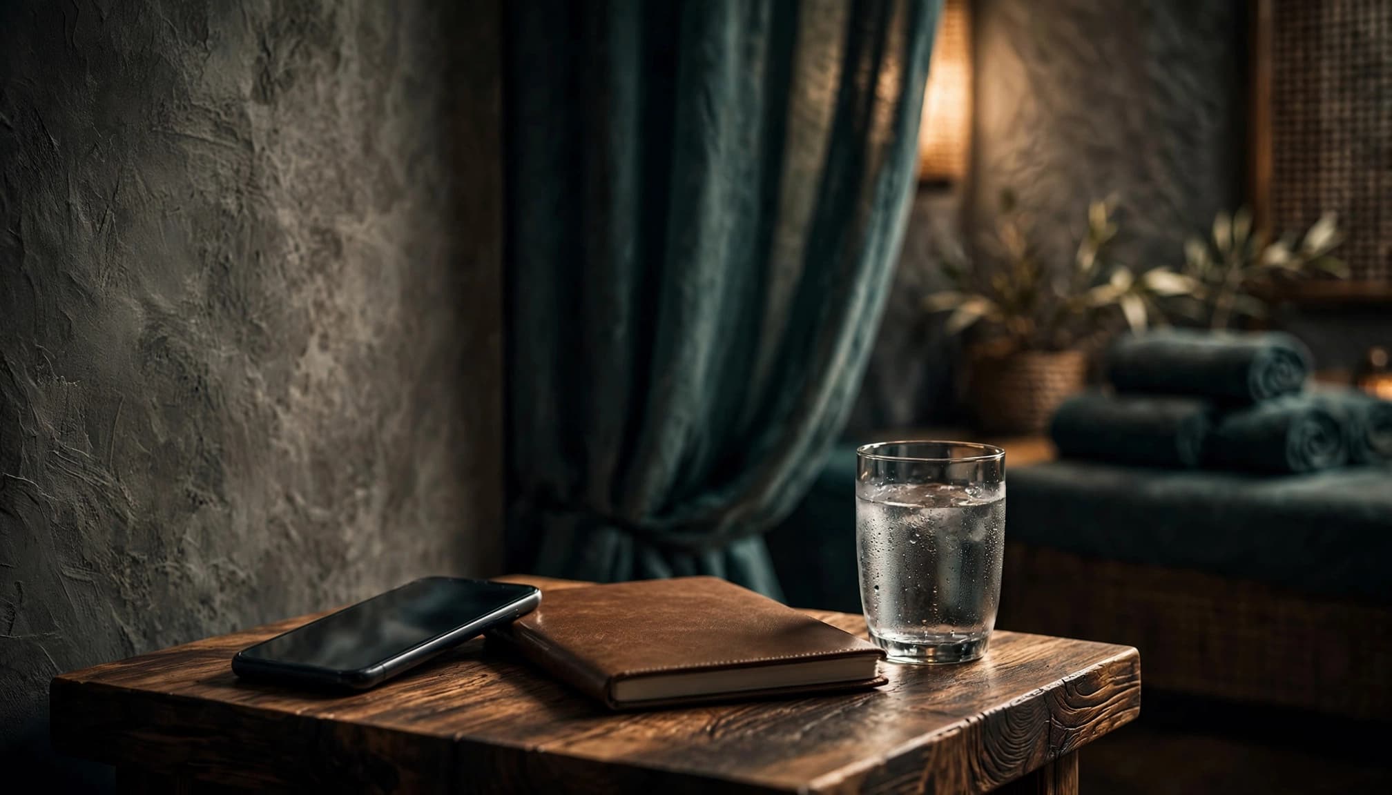 A phone, closed notebook, and water glass sit beside a warmly lit spa reception.