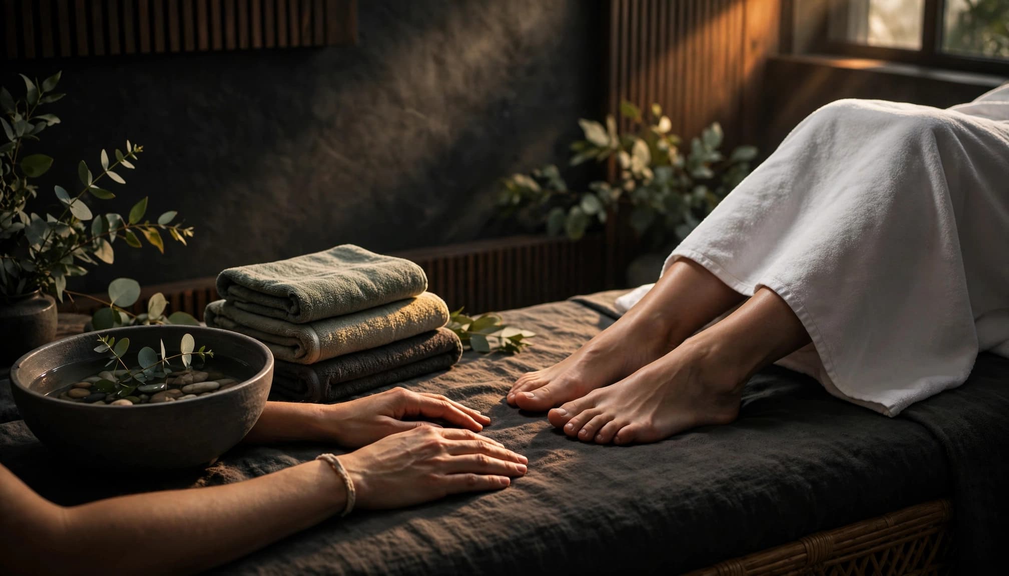 A therapist provides professional foot care beside a towel-covered client in a calm spa room.