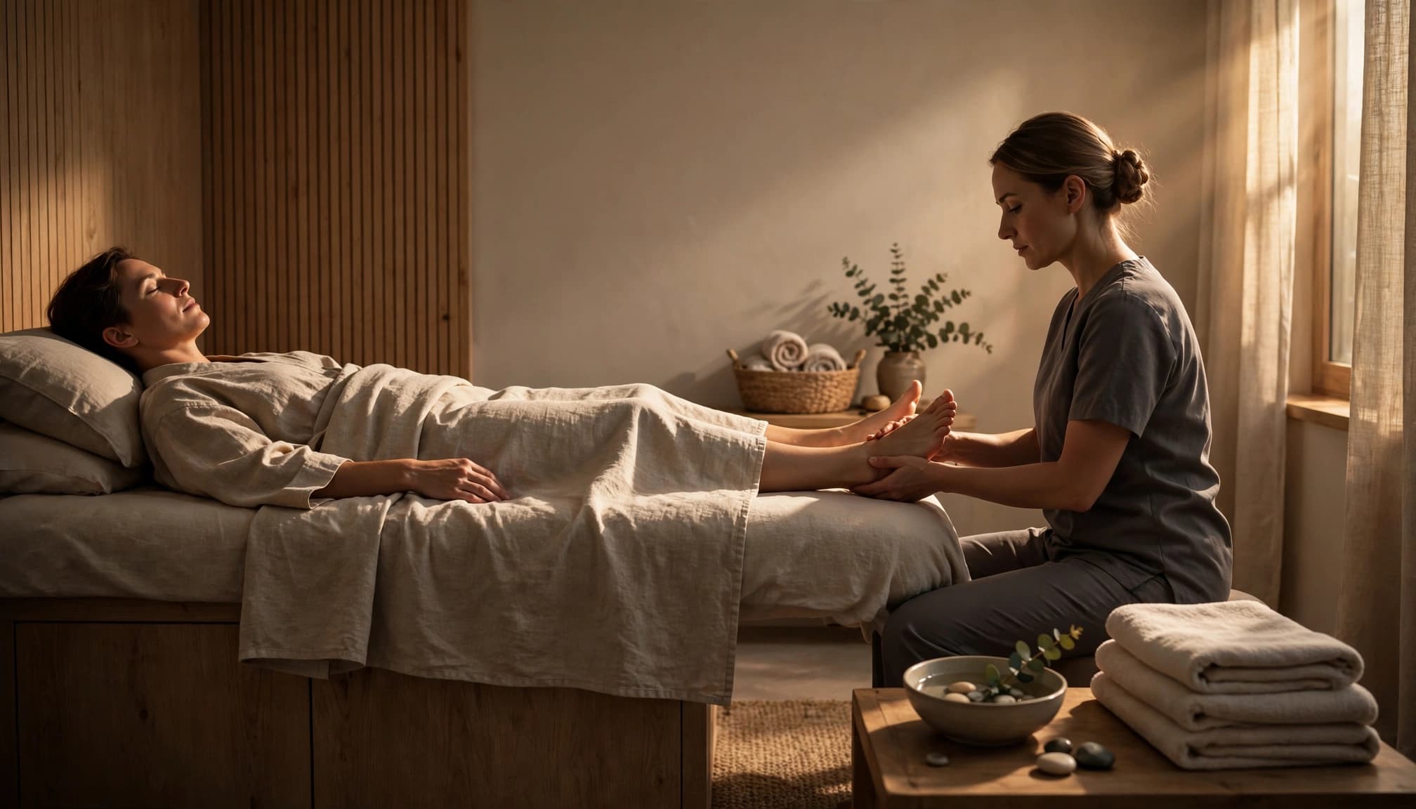 A therapist gives a client a foot massage in a warmly lit spa room.