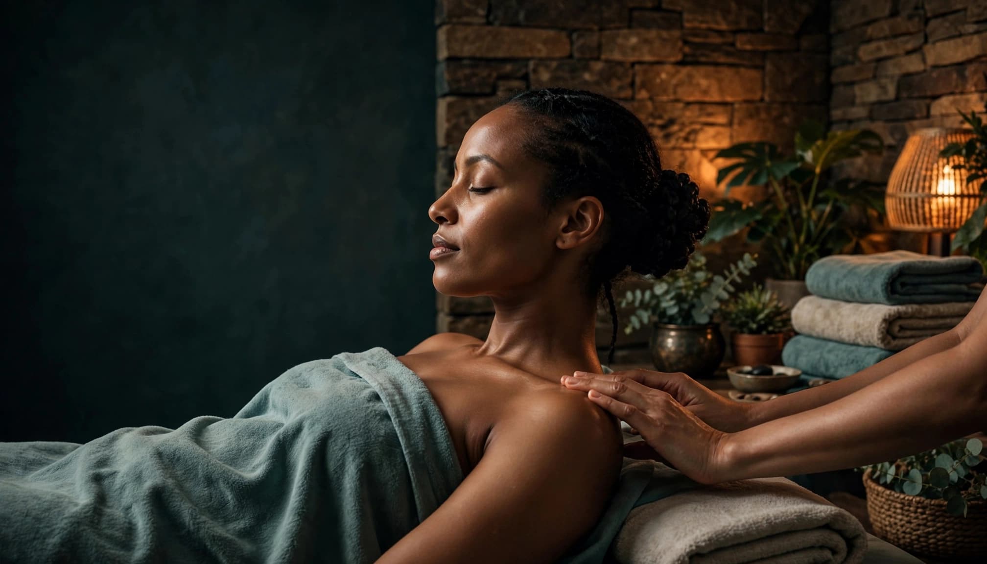 A draped woman receives a shoulder massage in a softly lit spa room.