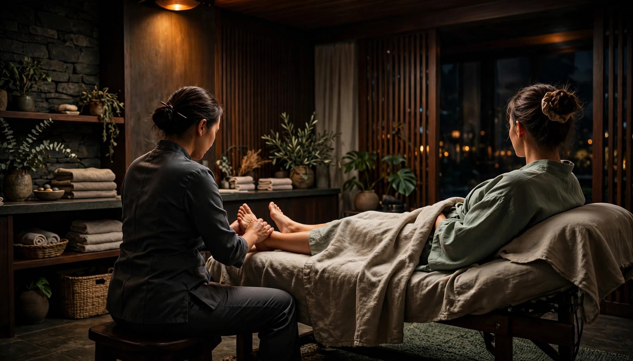 A clothed woman receives a foot massage from a therapist in a warmly lit spa.