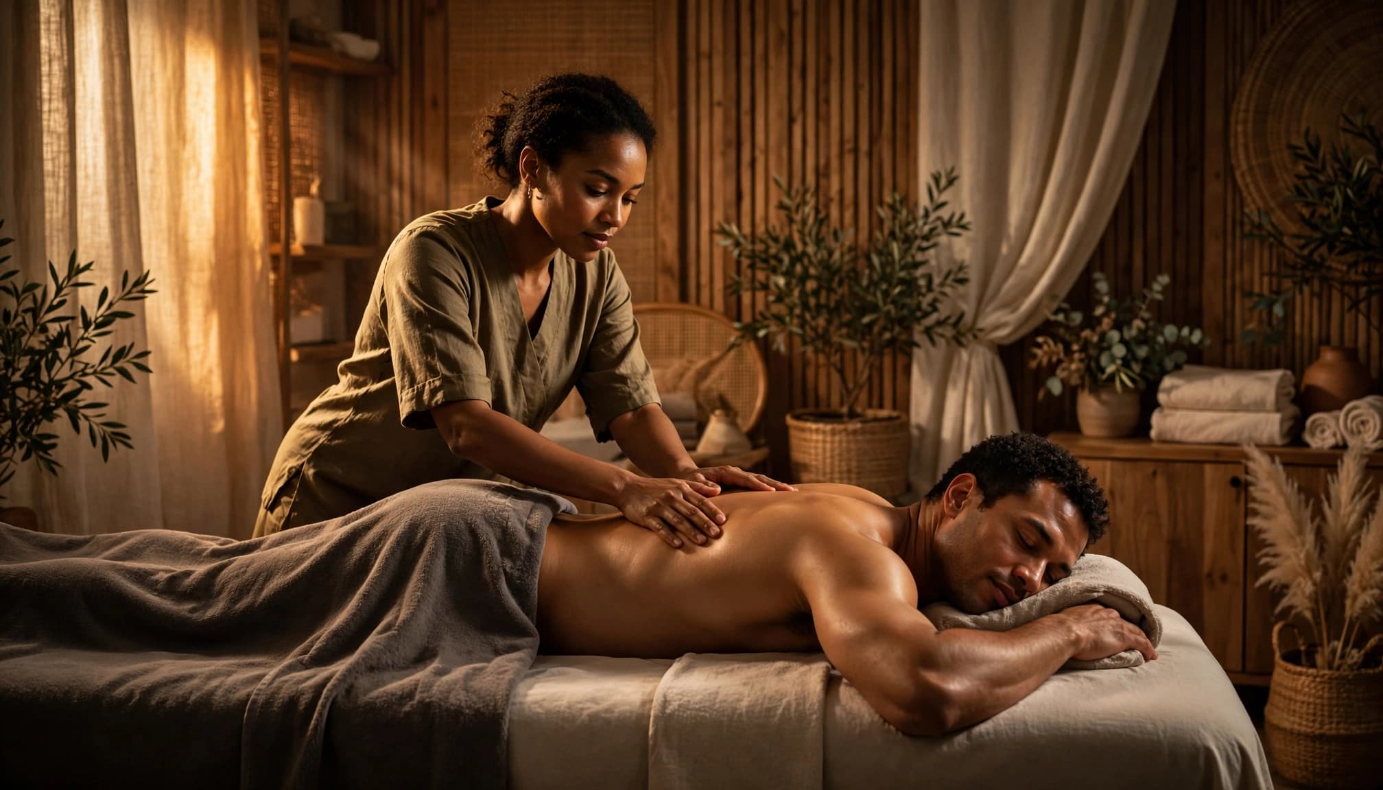 Therapist massaging an adult client in a warmly lit spa treatment room.