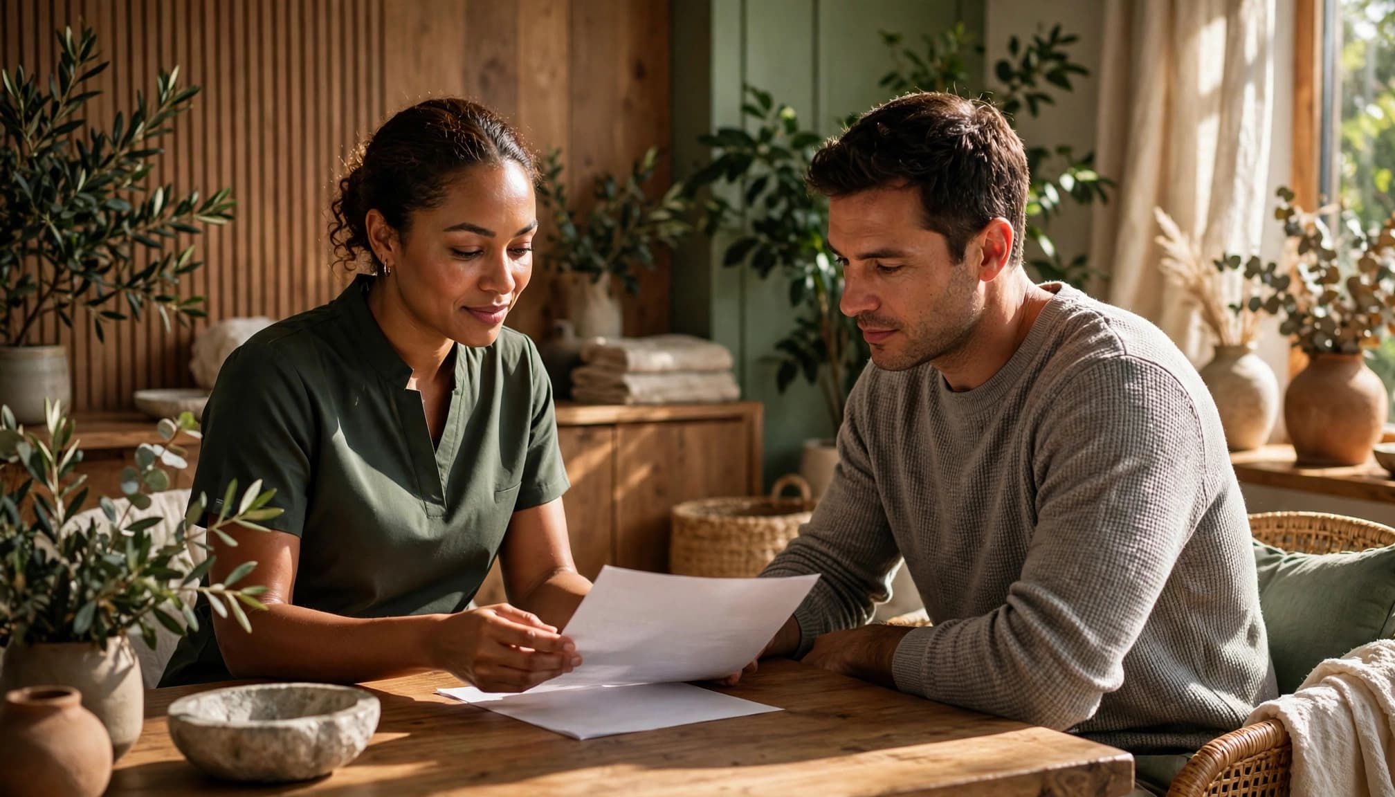 A therapist and client review a form at a spa table.