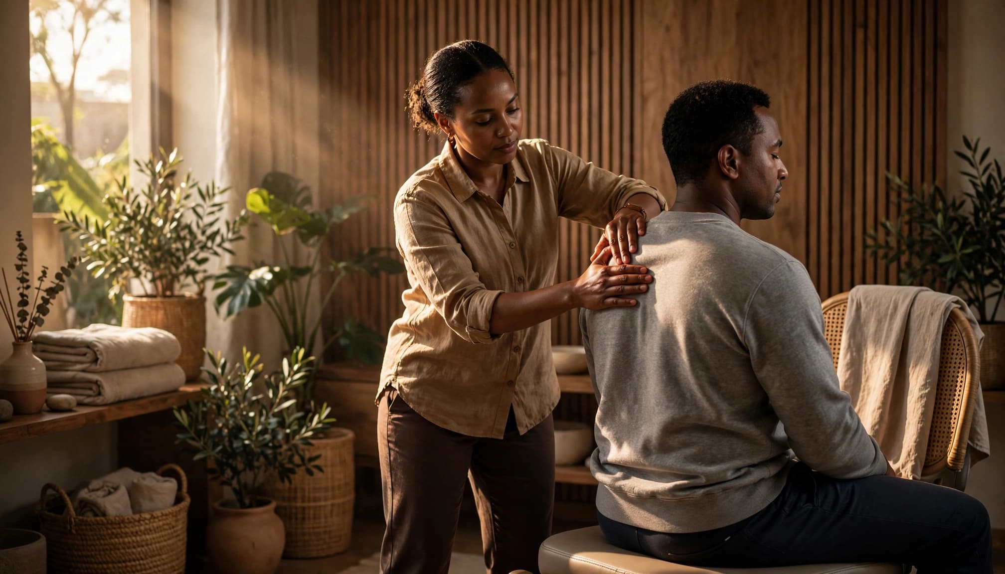 Therapist demonstrates a shoulder massage on a fully clothed client in a calm spa room.