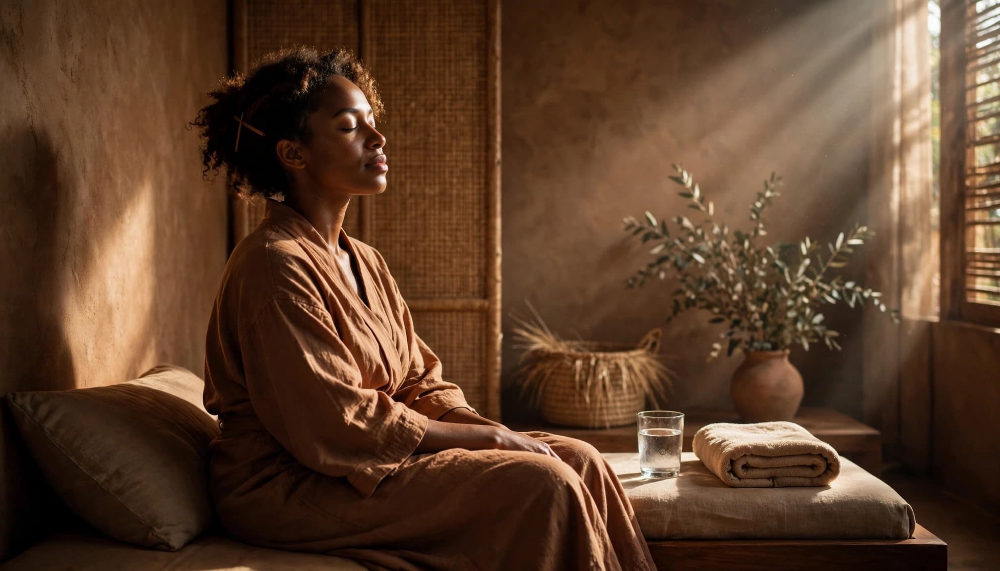 An adult sits beside water and a folded towel in a warm wellness room.
