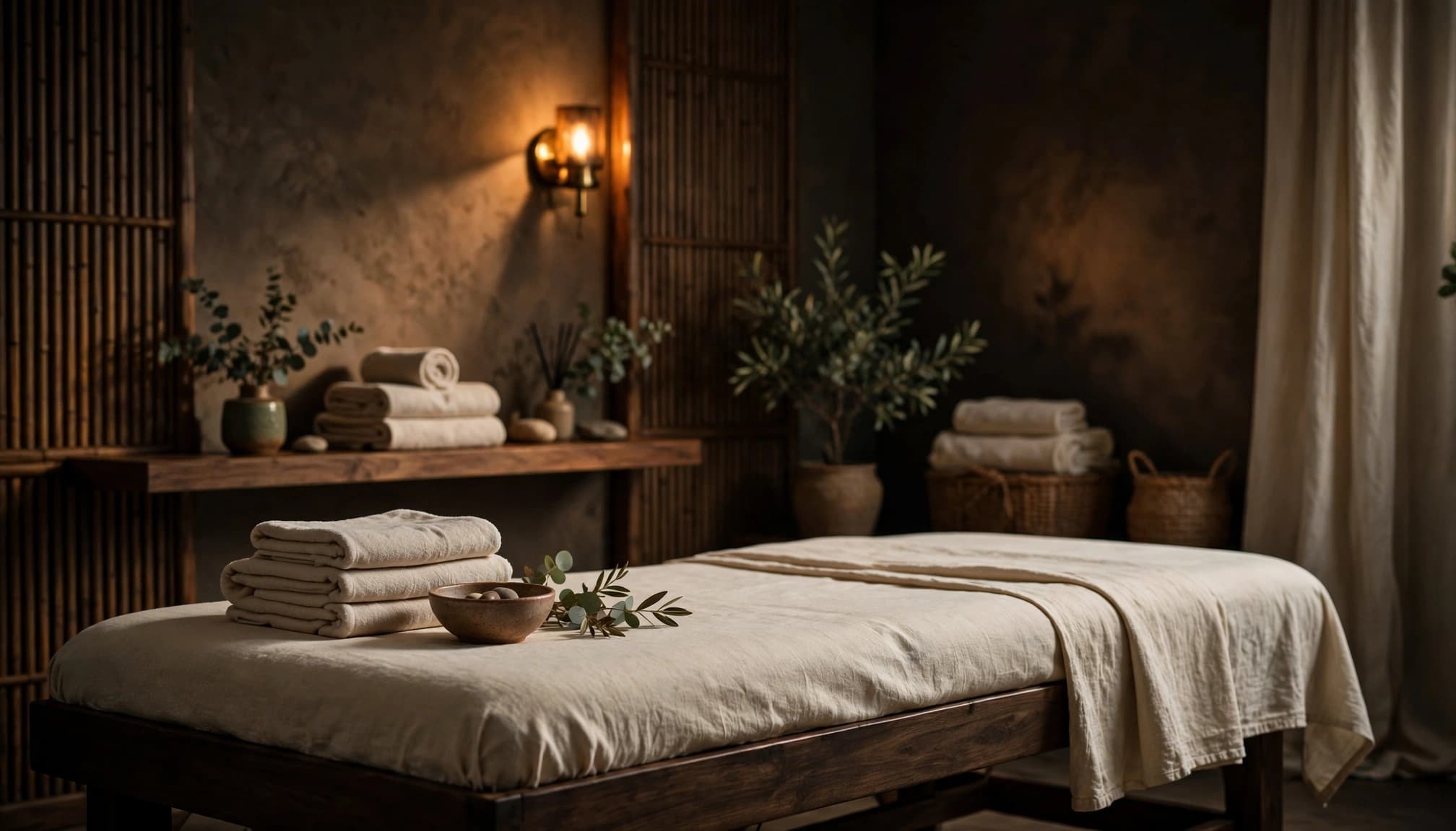 An empty massage table with folded towels in a warmly lit spa room.