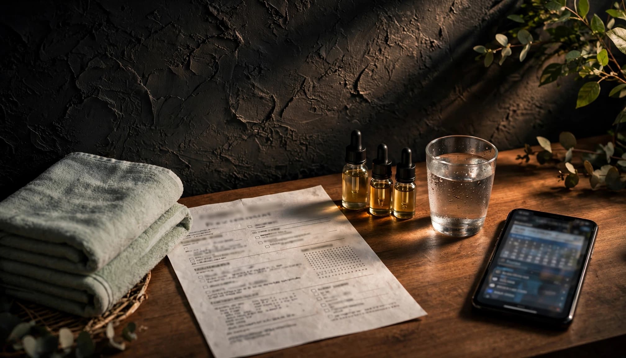 Spa intake form, towels, oils, water, and phone arranged on a wooden reception desk.
