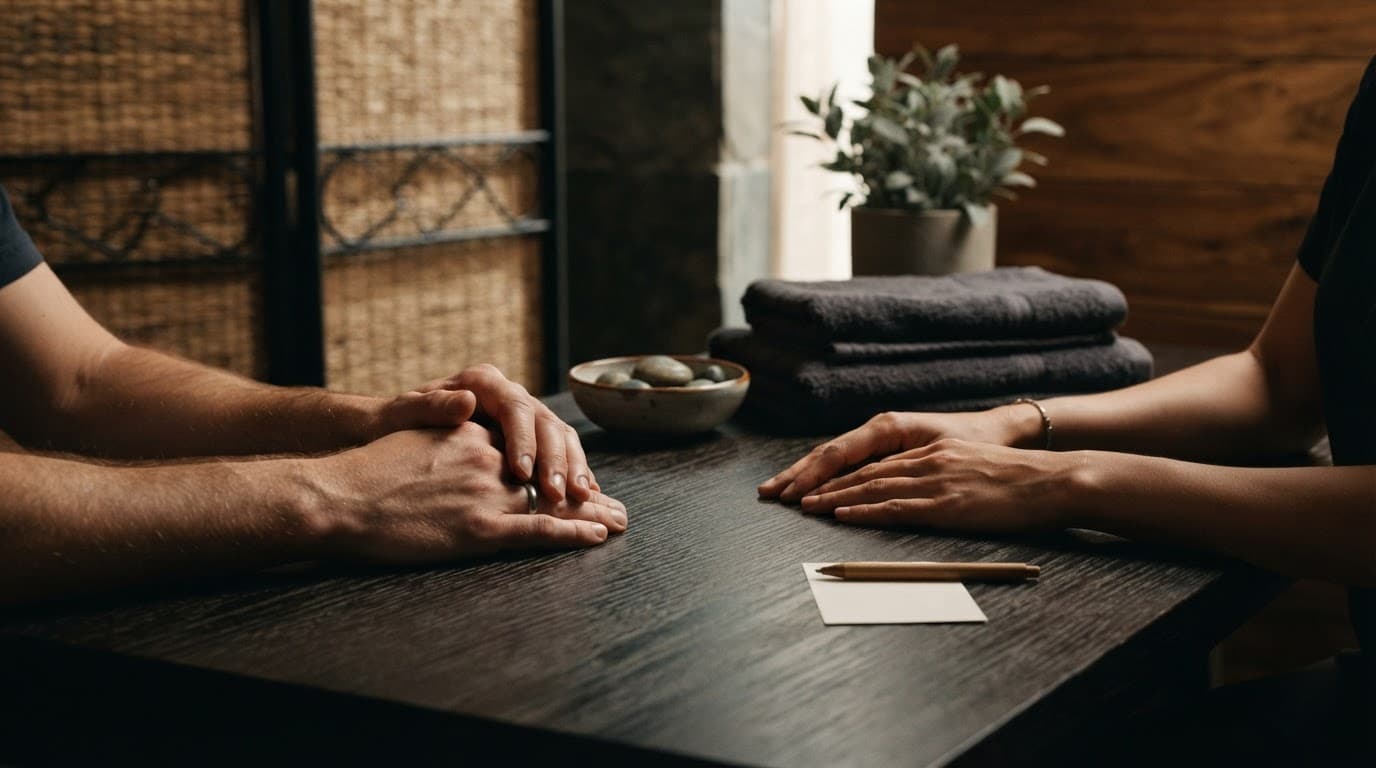 Two pairs of hands beside folded towels and a ceramic bowl in a spa consultation area.