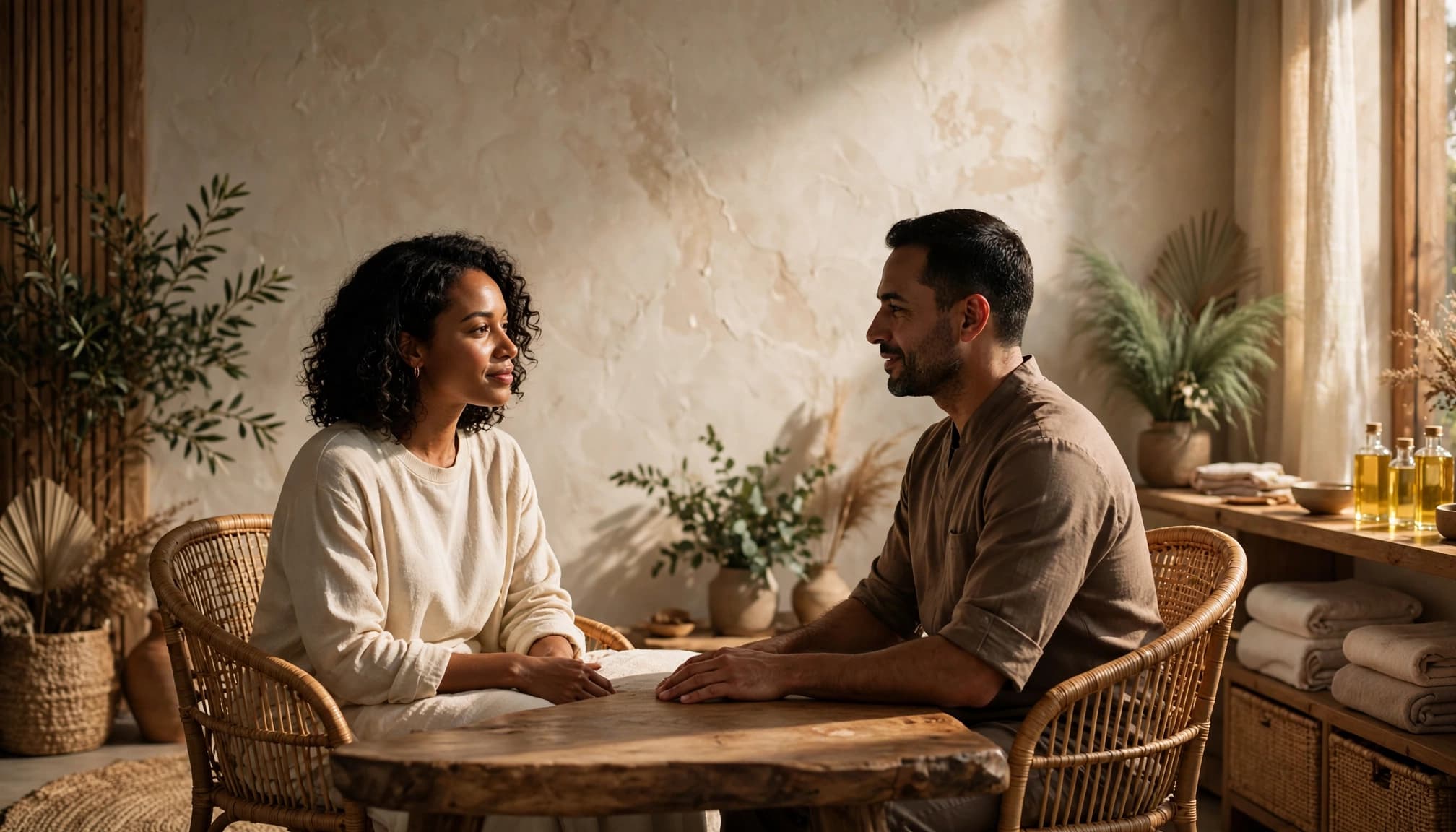 A client and therapist discuss spa treatment options in a warmly lit consultation room.