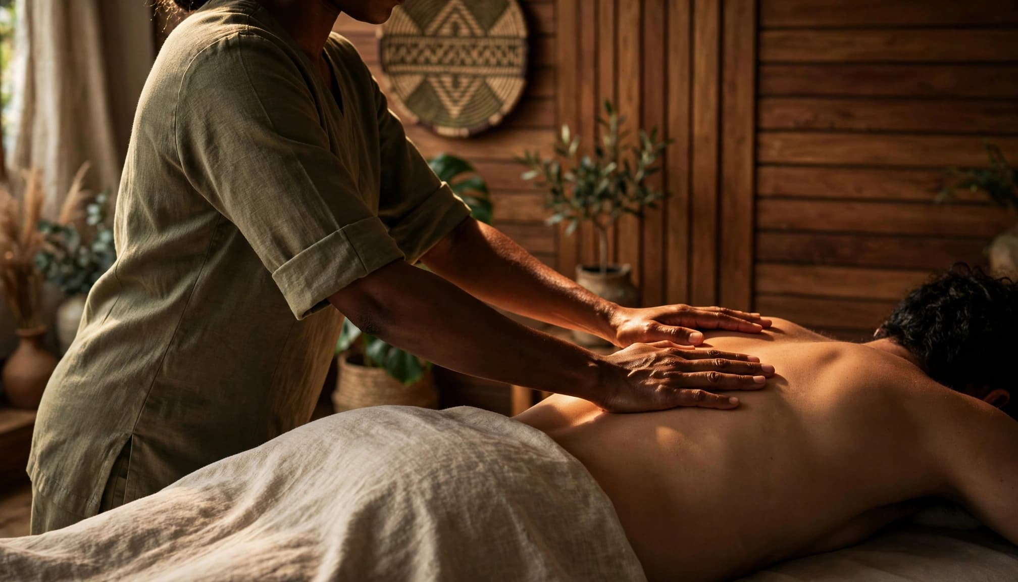 Therapist giving a gentle back massage to a client in a warm spa room.